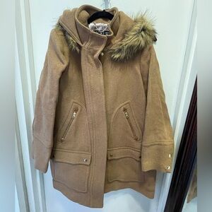 J. Crew Camel Stadium Coat with Faux Fur Hood Size 20